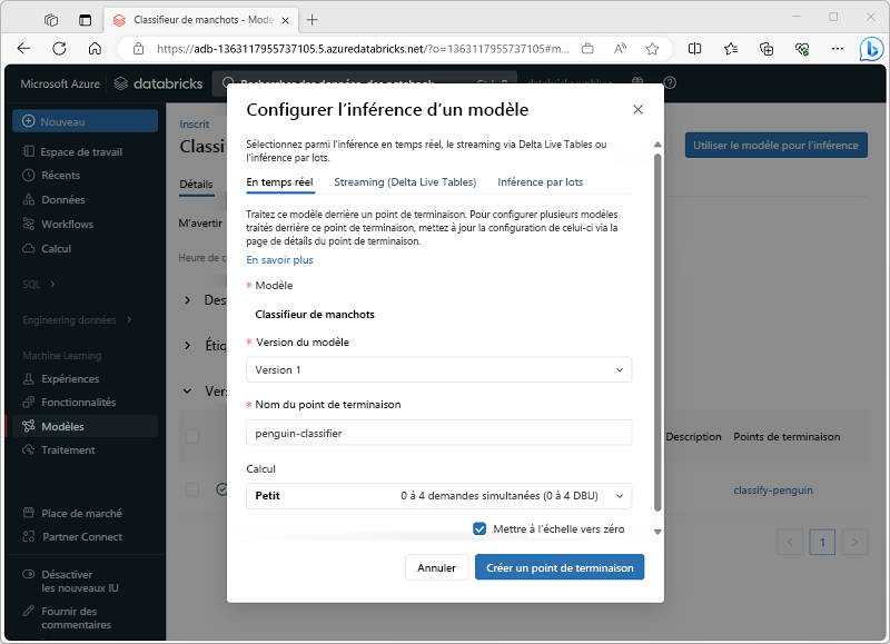 Screenshot of the Set up model inference dialog box in the Azure Databricks portal.