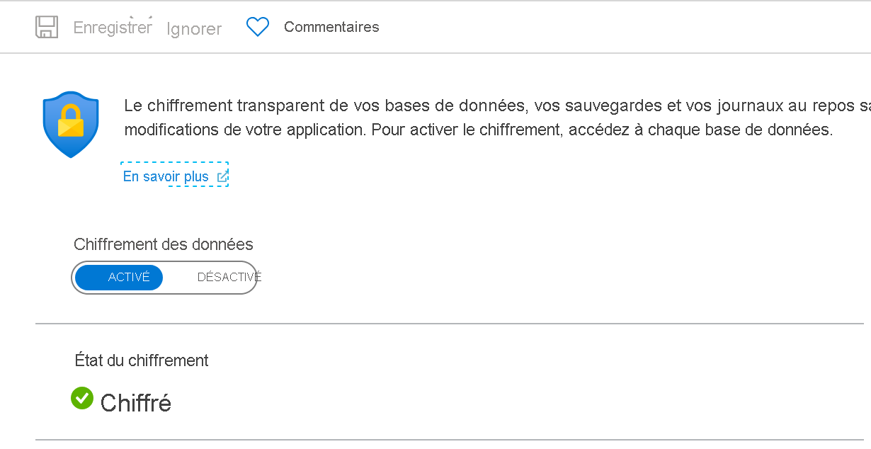 Capture d’écran montrant les paramètres Transparent Data Encryption pour une base de données Azure SQL.