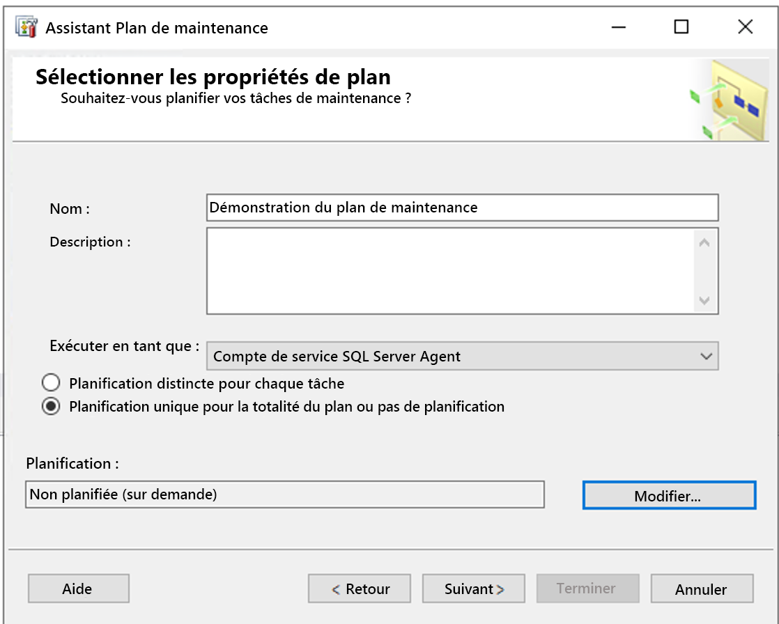 Capture d’écran montrant l’écran Assistant Plan de maintenance.