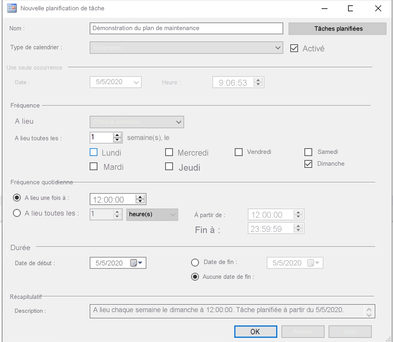 Capture d’écran montrant la planification du travail dans SQL Agent.