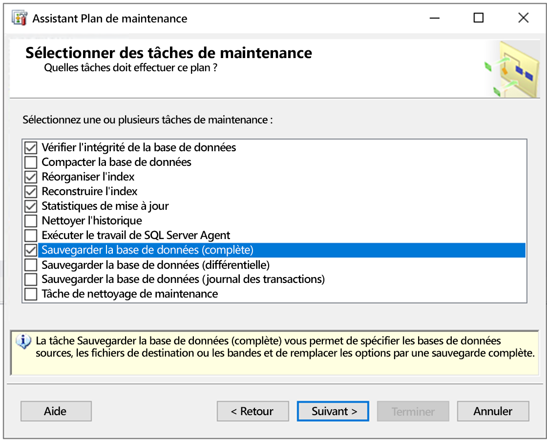 Capture d’écran montrant les tâches de maintenance disponibles sur l’Assistant Plan de Maintenance.