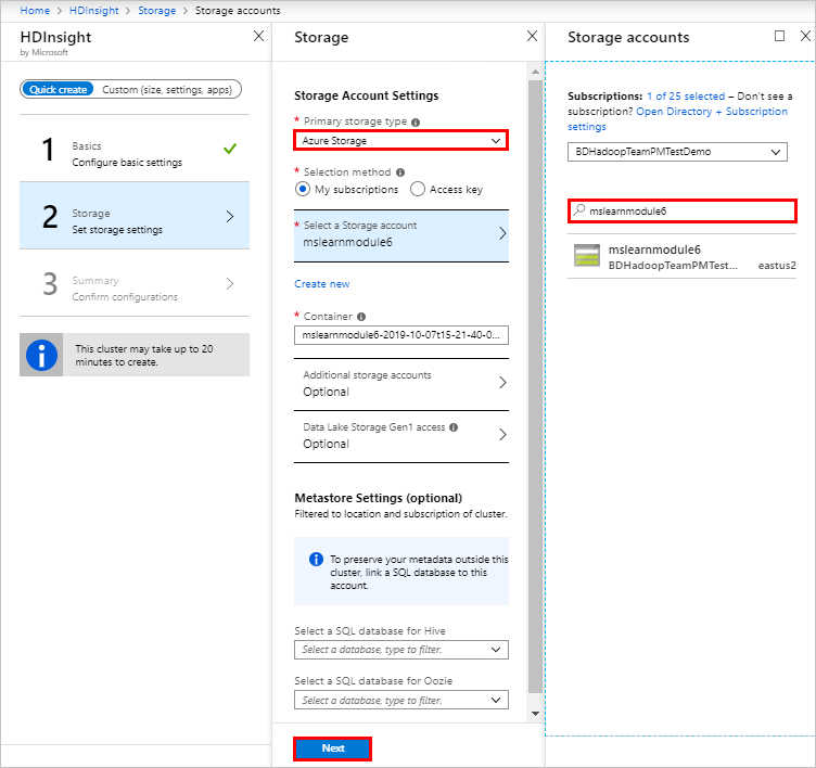 Page de stockage dans le portail Azure.