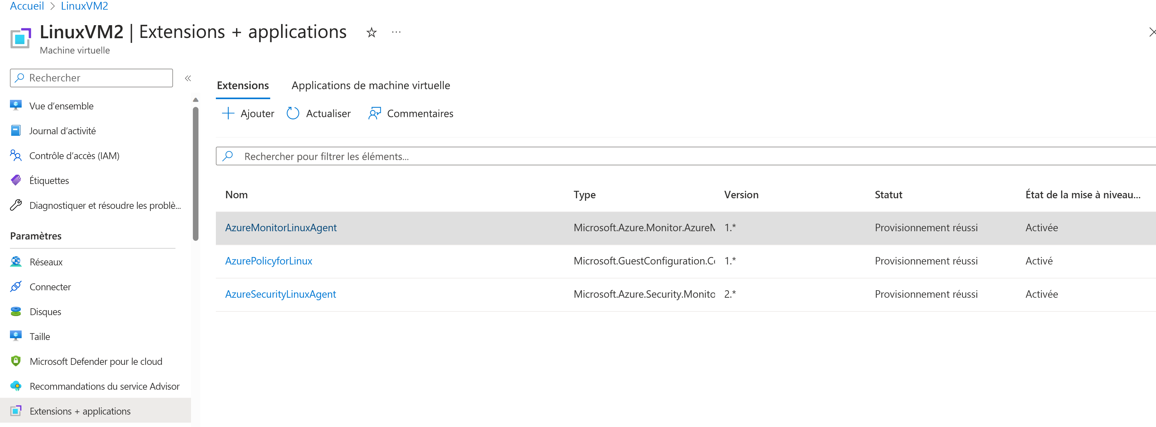 Screenshot of the Azure Monitor Linux Agent on an Azure VM.