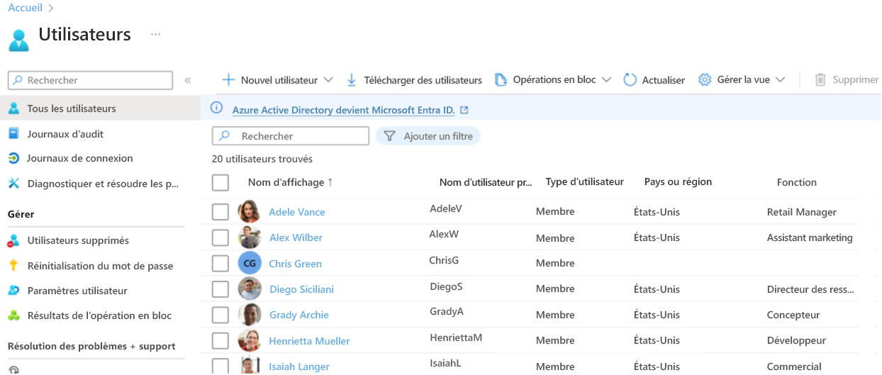 Screenshot of the Microsoft Entra ID view all users page. It displays a list of the users in alphabetical order with basic information about each user like their full name, alias, and whether they are a member of the directory or a guest.