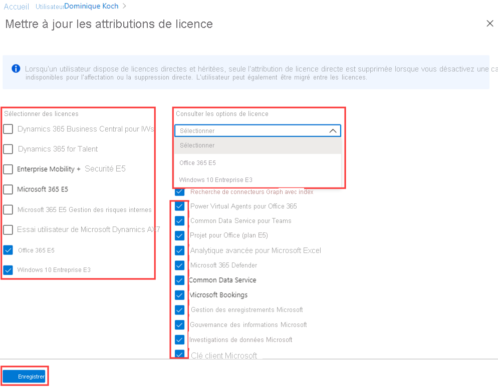 Screenshot of the Update license assignments page and the available licenses highlighted. Office 365 E5 and Windows 10 Enterprise E3 are selected. Selecting these licenses brings up a list of products available in those licenses, like Microsoft Bookings, Project, and others. You can choose to remove specific products.