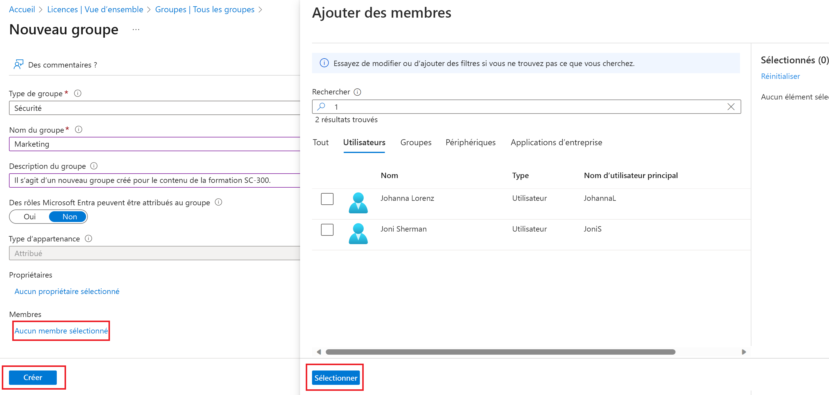 Screenshot of the new group creation page in Microsoft Entra ID. The New Group page has the Group type, Group name, Owners, and Members highlighted. Chris Green is being added to the group as it is being created.