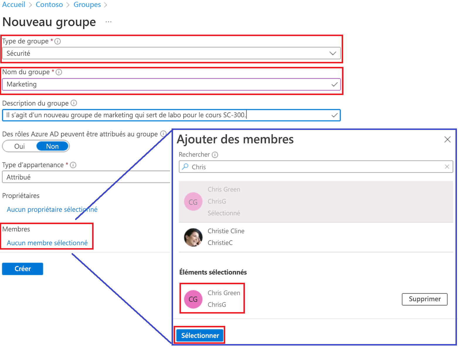 Screenshot of the new group creation page in Azure A D. The New Group page has the Group type, Group name, Owners, and Members highlighted. Chris Green is being added to the group as it is being created.