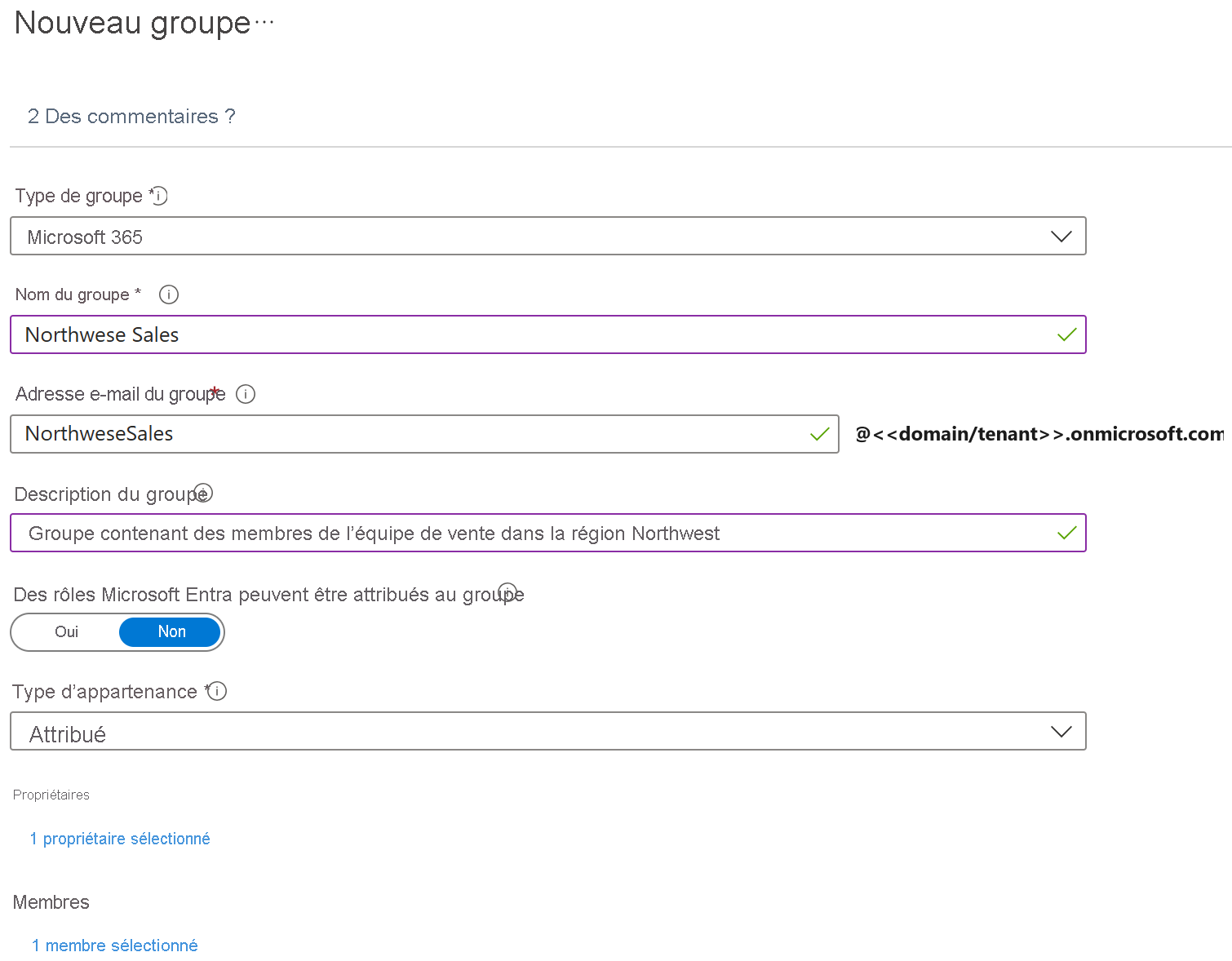 Screenshot of the New Group page with Group type, Group name, Owners, and Members highlighted. When you create a new group you have to set these values.