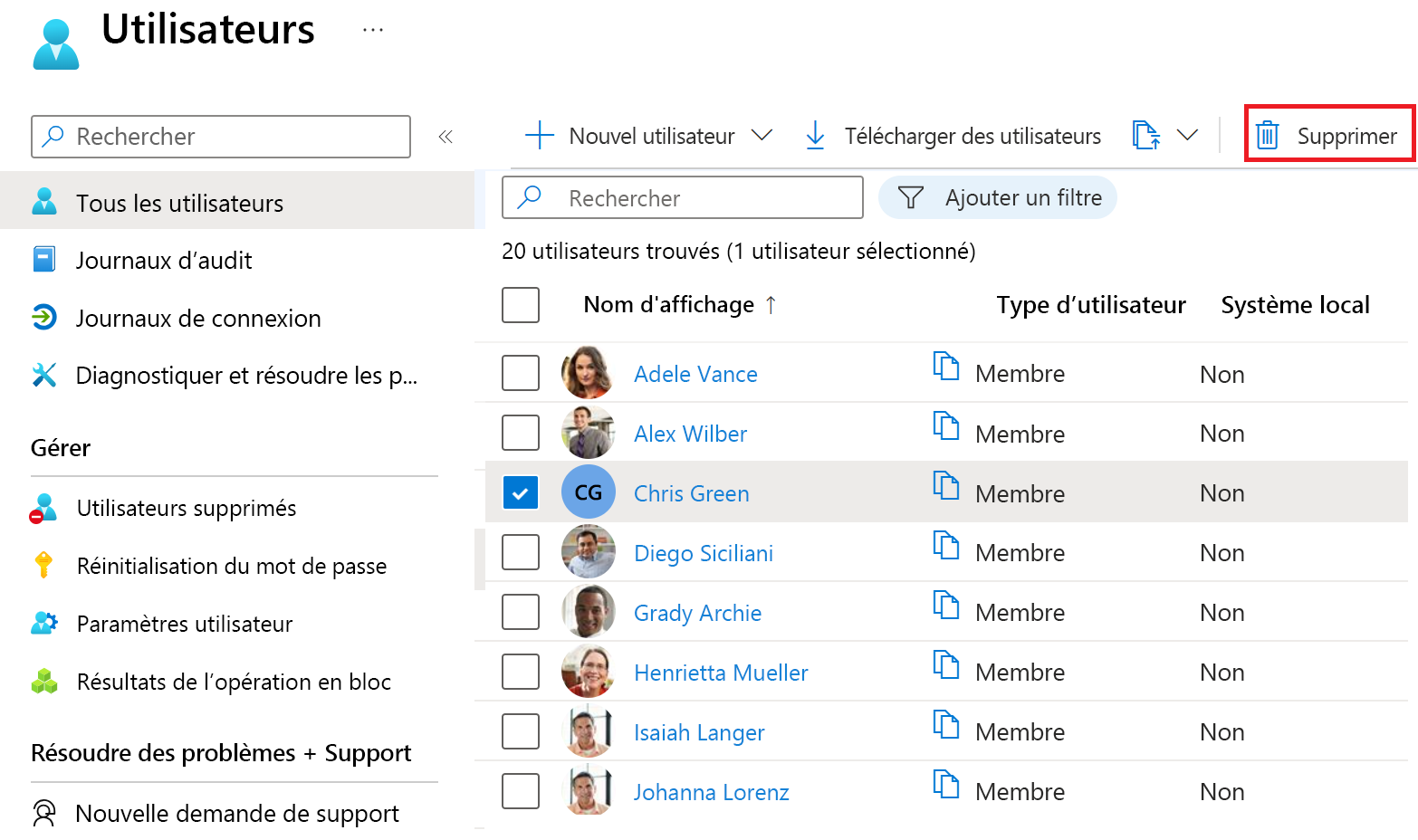 Capture d’écran montrant la liste de tous les utilisateurs Azure AD avec une case d’utilisateur cochée et une autre mise en évidence indiquant la possibilité de sélectionner plusieurs utilisateurs dans la liste.