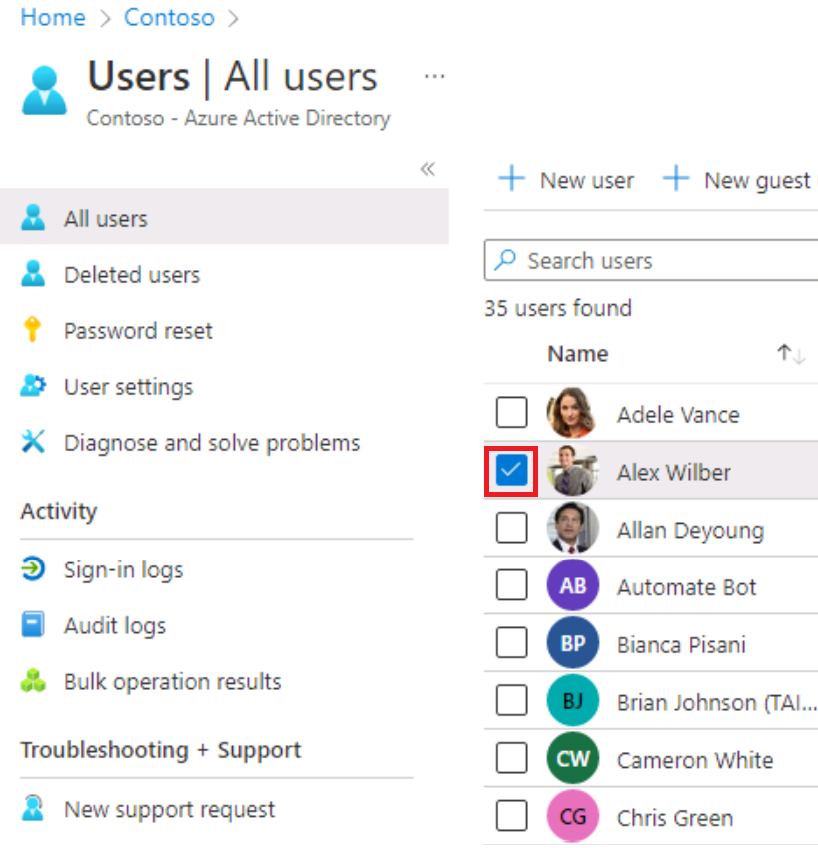 Screenshot of Azure A D all users list with one user check box selected and another check box highlighted indicating the ability to select multiple users from the list.