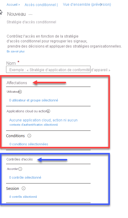 Screen capture showing the two components of a conditional access policy, the assignments and the access controls.