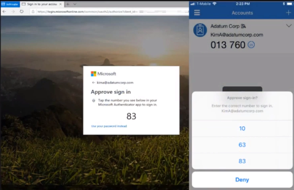 Capture d’écran de la connexion sans mot de passe de Microsoft Authenticator avec appariement de numéros.