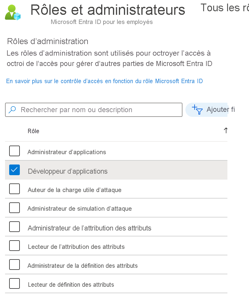 Screenshot of the Roles and administrators screen in Microsoft Entra ID. List of roles that can be applied.