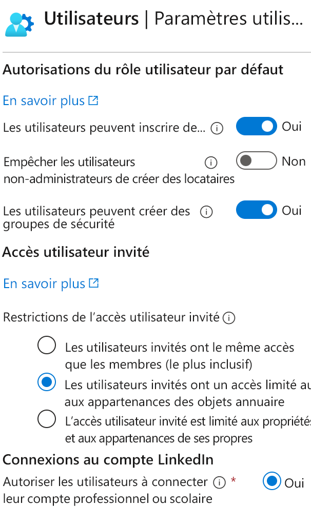 Screenshot of the Microsoft Entra user settings, where permissions can be restricted.