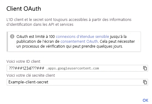 Capture d’écran de l’ID client OAuth et de la clé secrète client. Définissez votre secret d’accès.