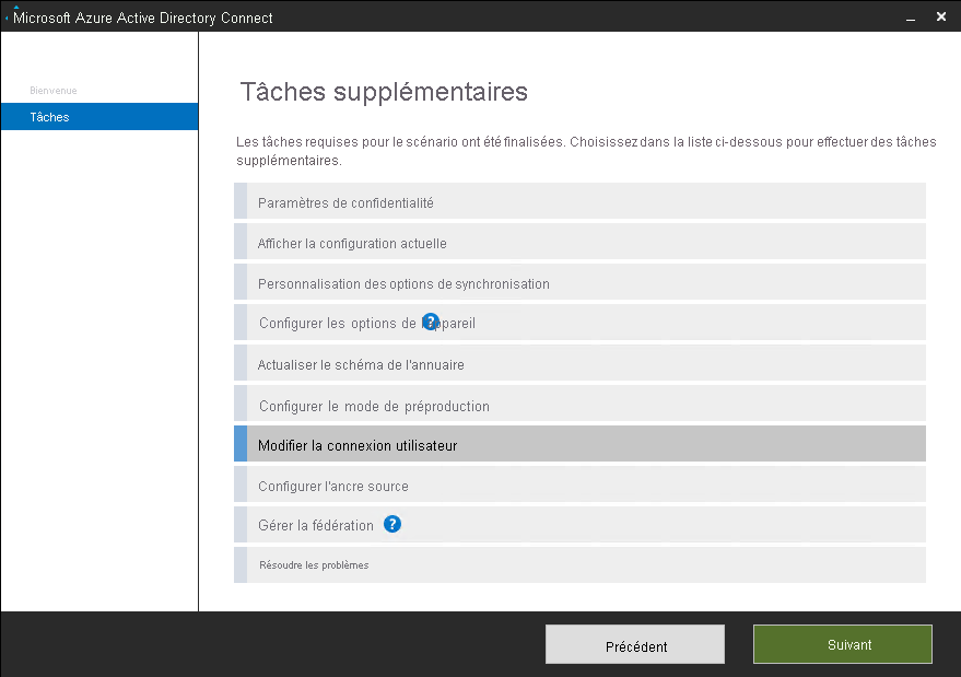 Screenshot of the Azure A D Connect Tasks screen when you can select how users sign into Azure A D after the on-premises connection is made.