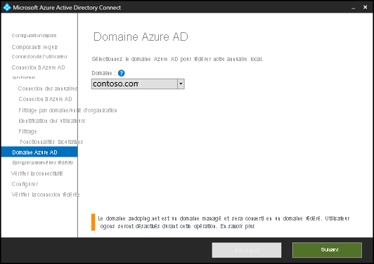 Screenshot of Microsoft Entra Connect interface showing the domain you want to create a federation with.