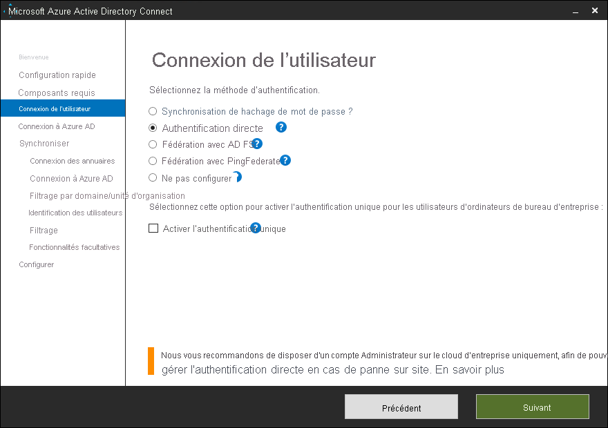 Screenshot of the Microsoft Entra Connect user interface. The User sign-in option is selected and the user has choices of different types of sign-in options.