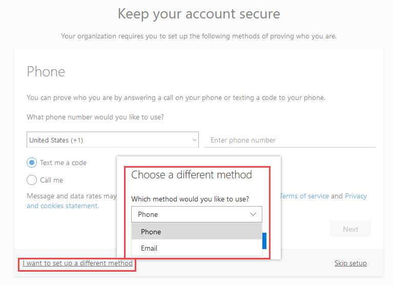 Screenshot displaying the Keep your account secure page with the Choose a different method dialog.