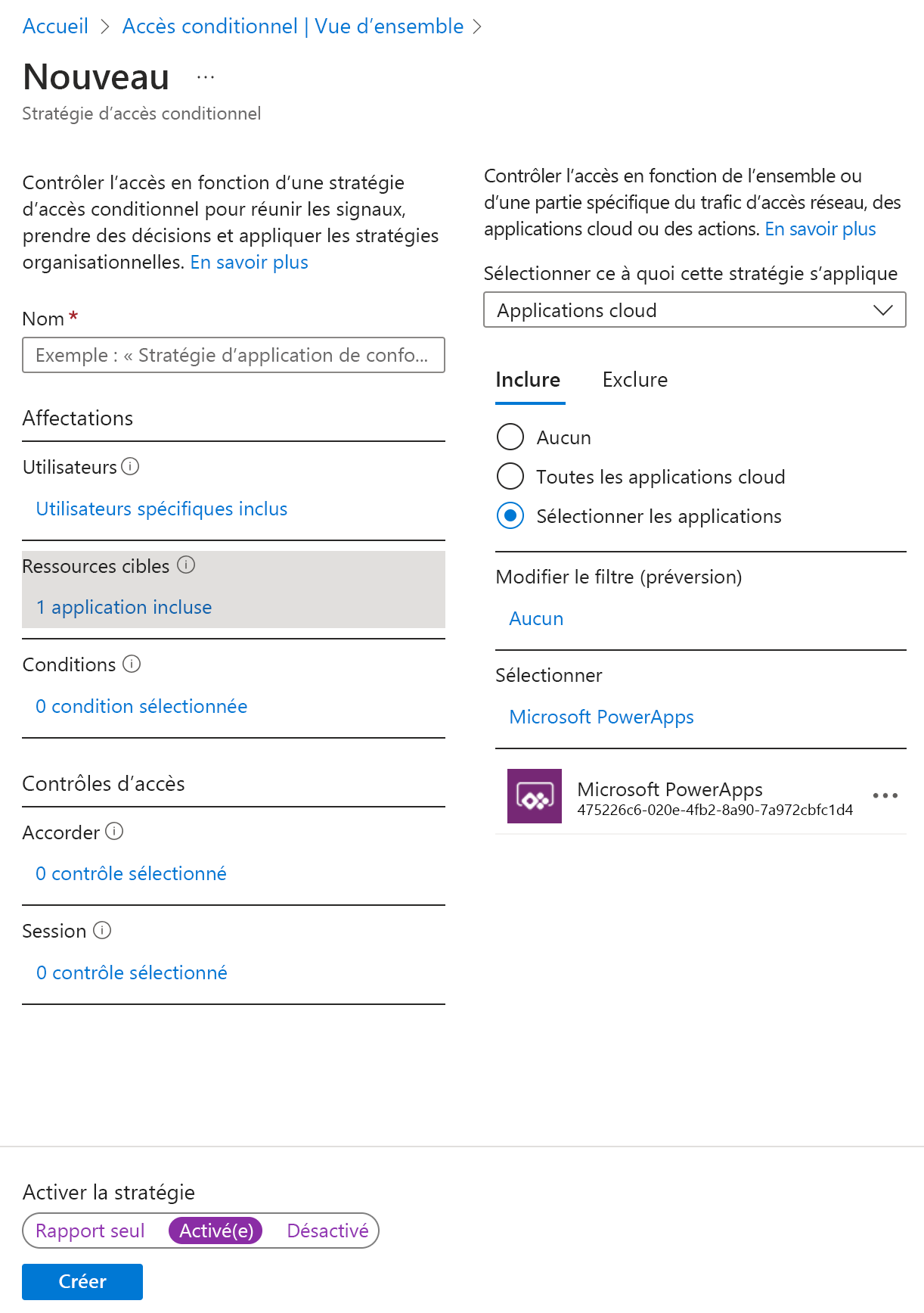 Capture d’écran de l’Accès conditionnel Azure AD : page d’applications ou actions cloud pour la configuration.