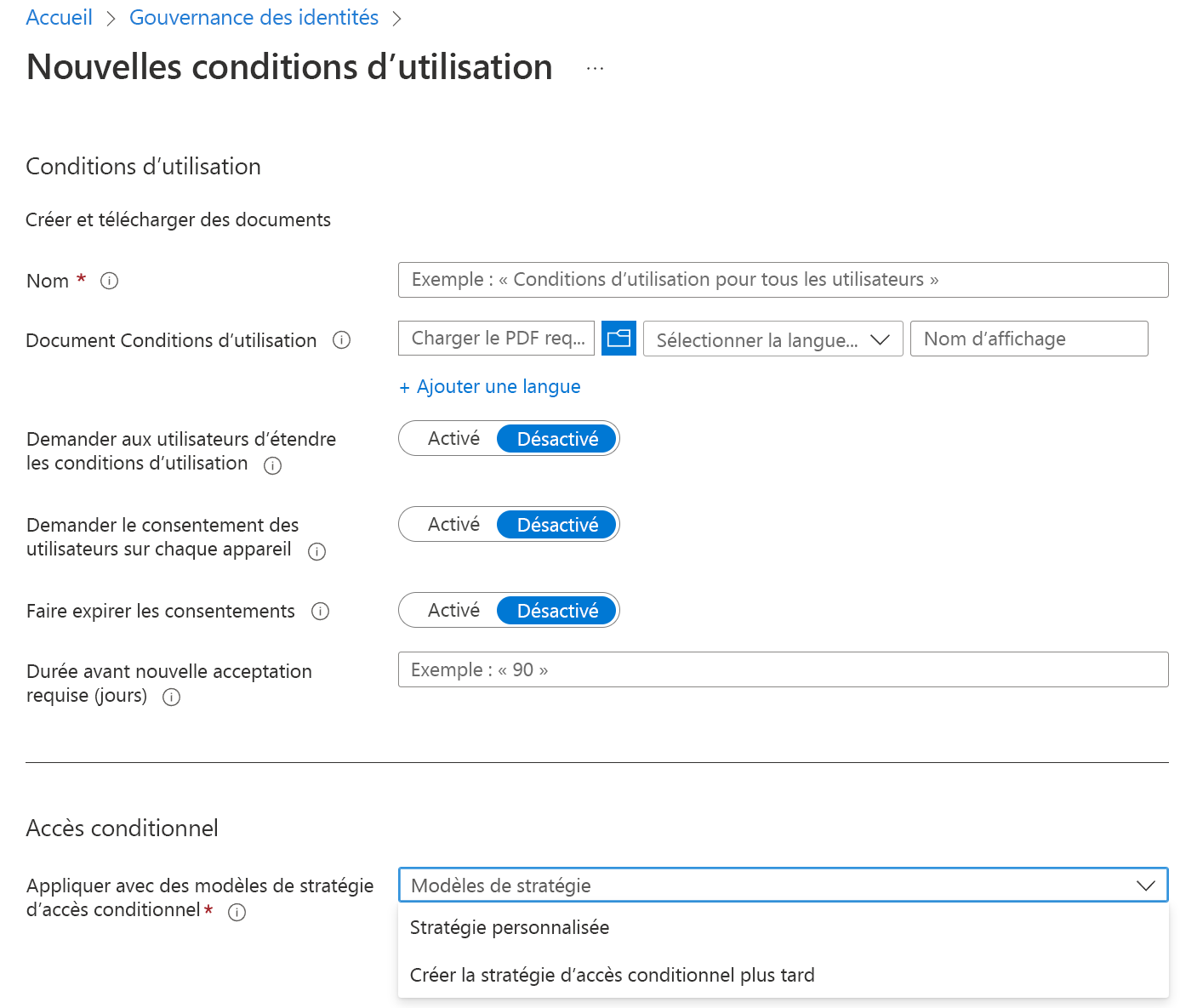 Screenshot of the Identity Governance dialog to create new Terms of Use for your cloud solutions.