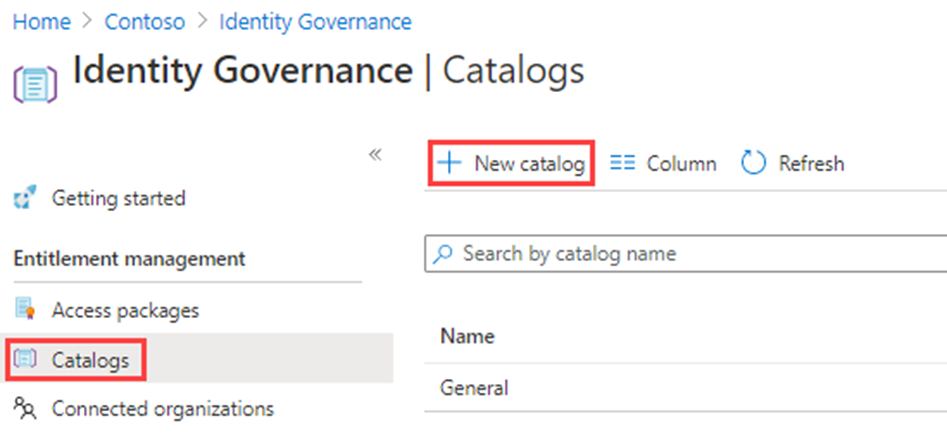 Screenshot of the Identity governance catalog page with the New catalog menu highlighted.