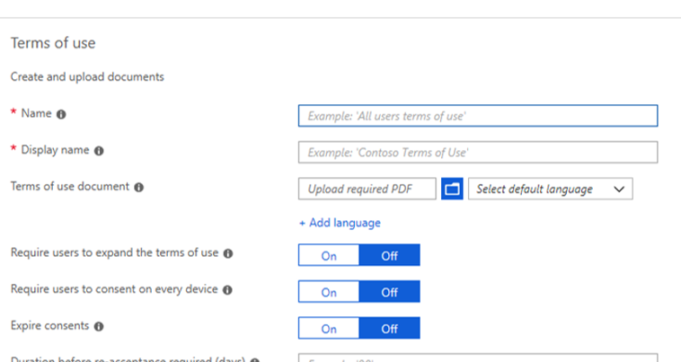 Screenshot of terms of use settings. You can set Name, Display Name, link to a PDF document with the terms, and some settings to ensure the user sees the terms of use.