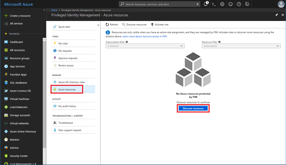 Screenshot of the Azure resources page of the Privileged Identity Management.