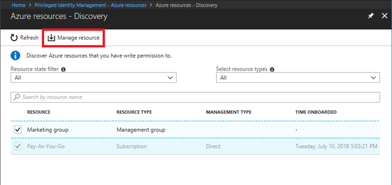 Screenshot of the discovery manage resources page within Azure resources.