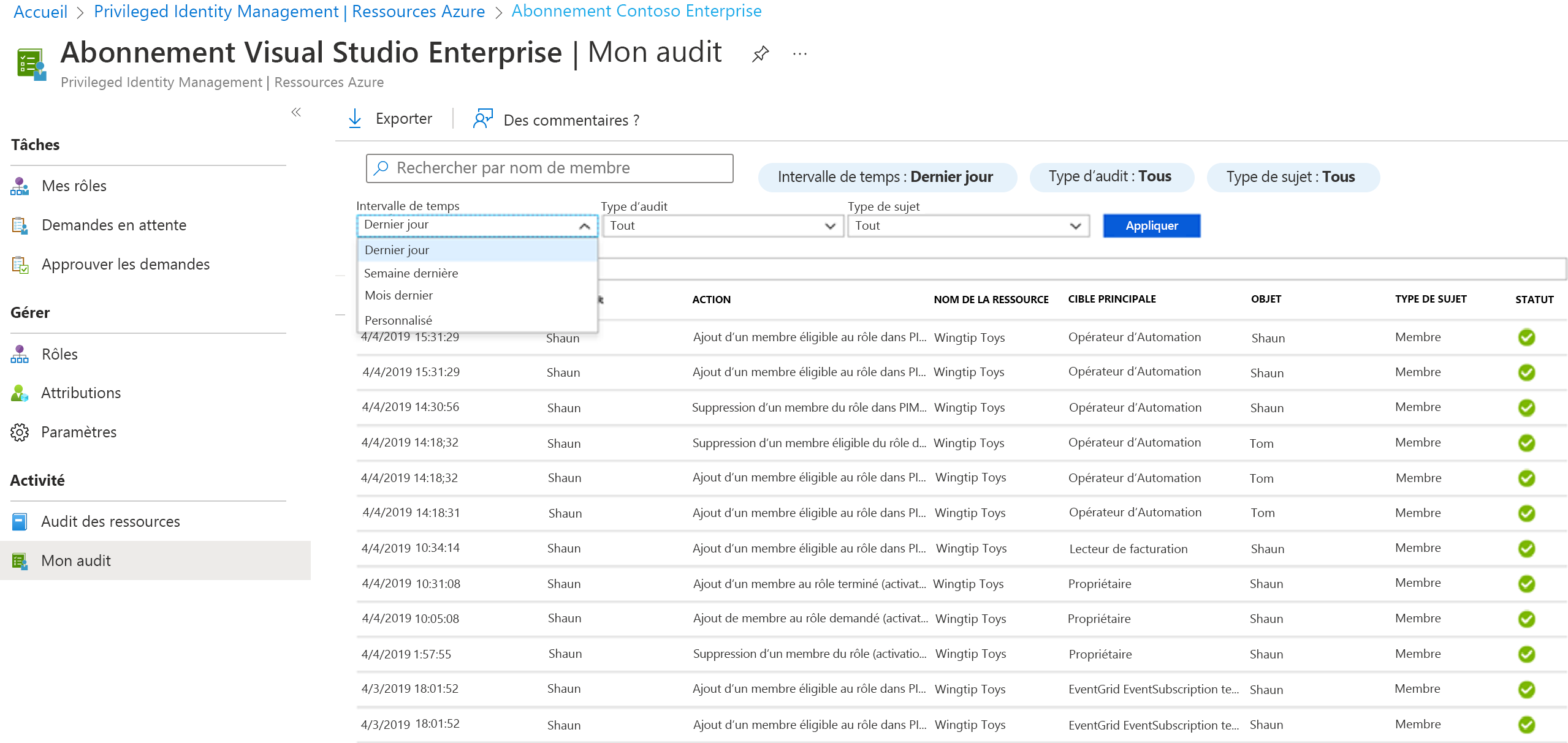 Screenshot of the Audit list for the current user. Review the history to see the activity.