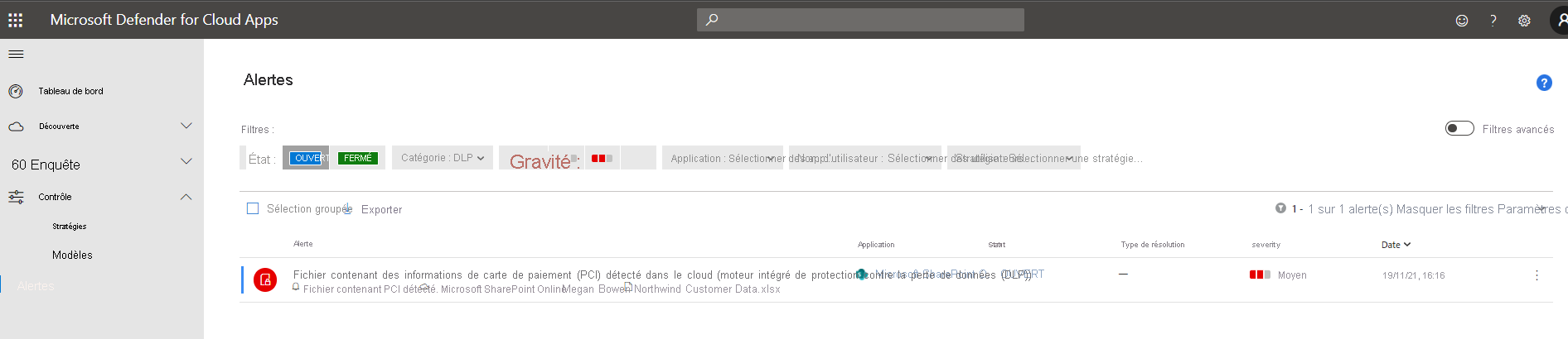 Screen shot of Defender for Cloud Apps Alerts Dashboard