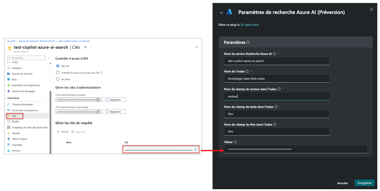 Capture d’écran de la clé Recherche Azure AI qui est copiée dans le champ Valeur du plug-in.