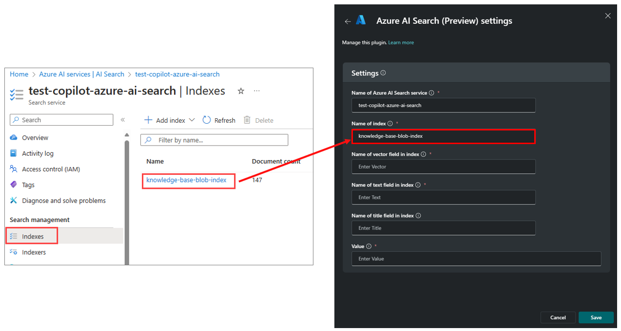 Capture d’écran du nom de l’instance de Recherche Azure AI pointant le champ correspondant dans la fenêtre des paramètres du plug-in.