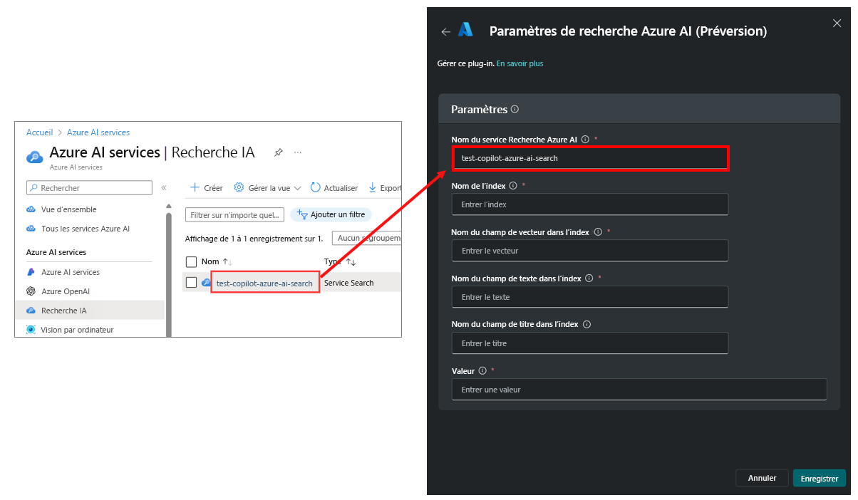 Capture d’écran mettant en évidence l’instance de recherche pour laquelle vous avez copié le nom dans le champ de l’instance de Recherche Azure AI pour le plug-in.