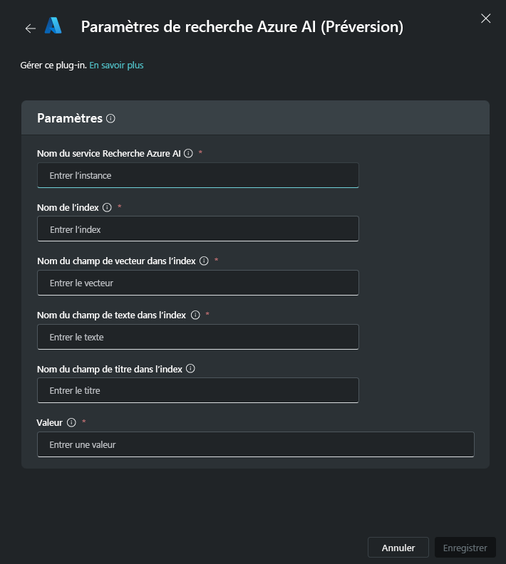 Capture d’écran des paramètres du plug-in Recherche Azure AI.