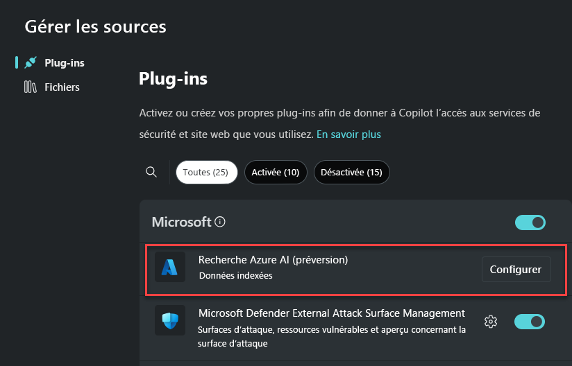 Capture d’écran du plug-in Recherche Azure AI.