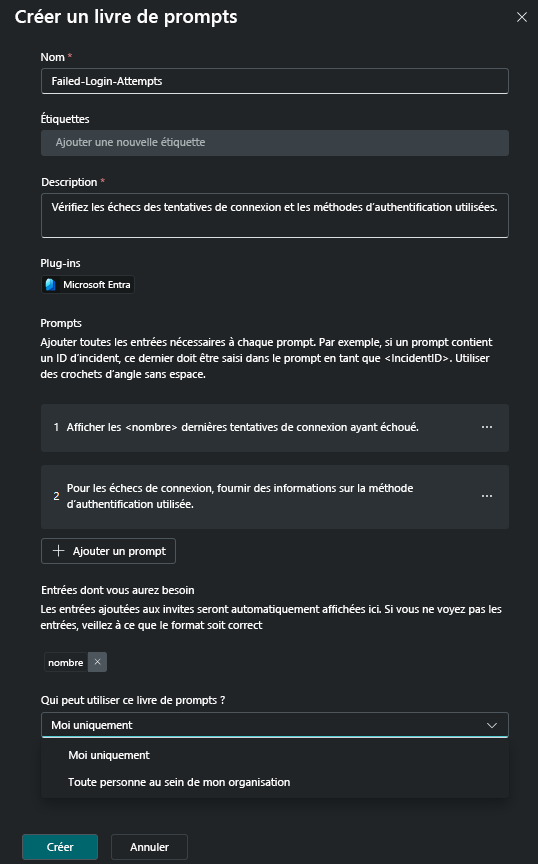 Capture d’écran des paramètres pour créer une séquence de prompts personnalisée.