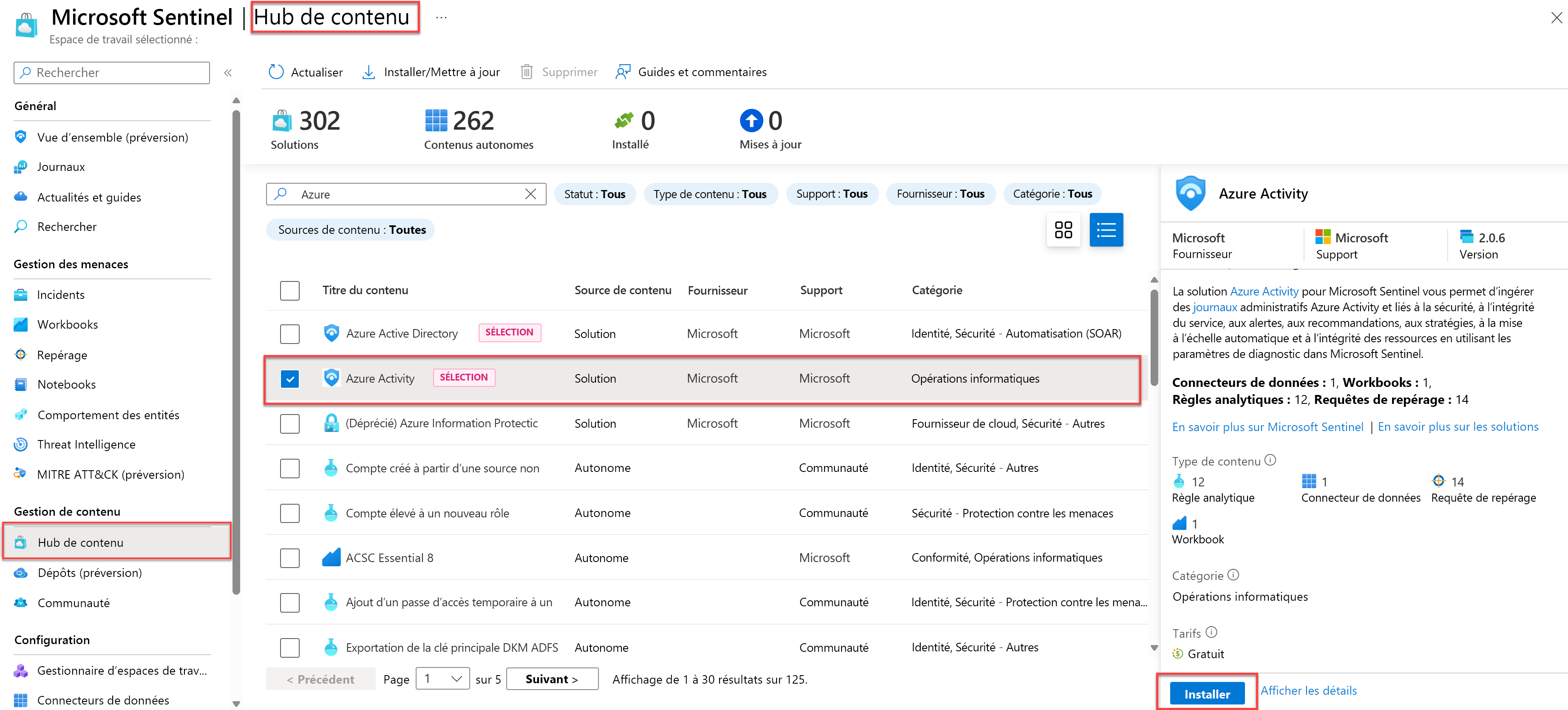 Screenshot that displays the Microsoft Sentinel Azure Activity Content Hub solution.