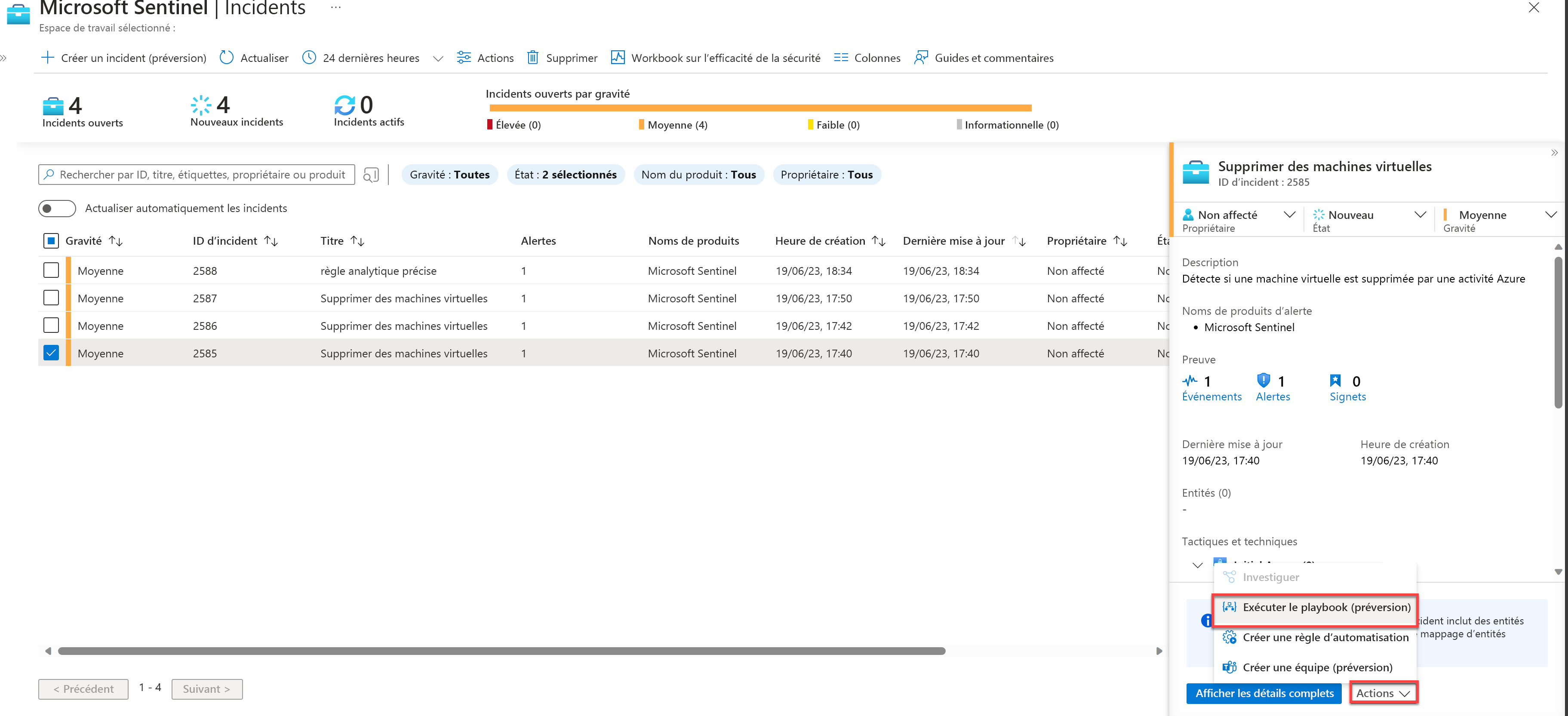 Capture d’écran des actions du volet d’informations de l’incident pour exécuter le playbook.