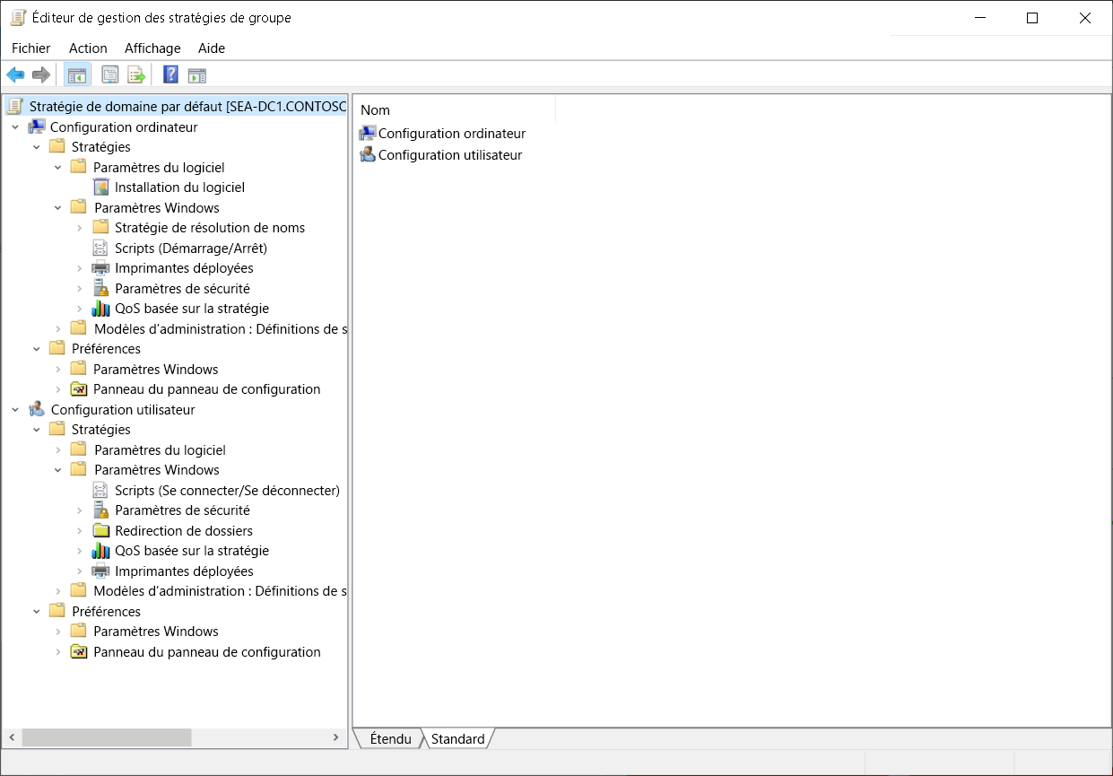 Capture d’écran de l’Éditeur de gestion des stratégies de groupe. L’administrateur a développé les nœuds Configuration de l’ordinateur et Configuration utilisateur pour afficher les dossiers Stratégies et Préférences.
