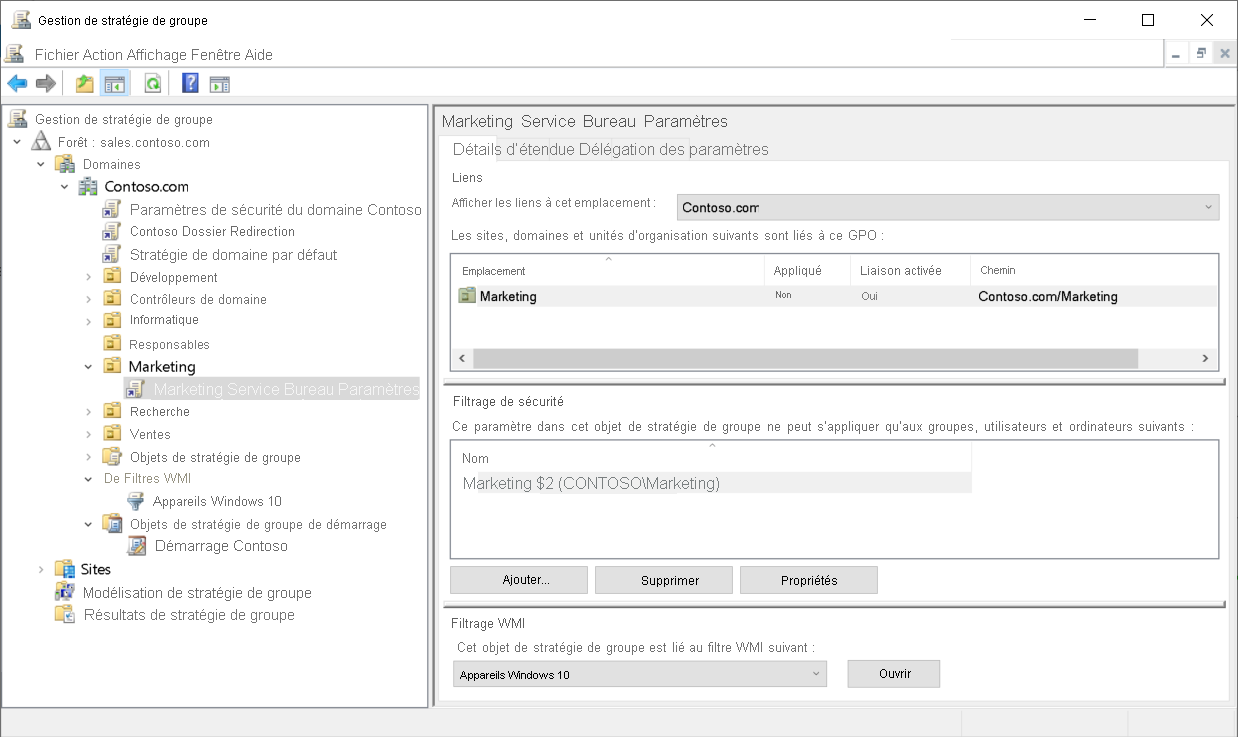 Capture d’écran de la console de gestion des stratégies de groupe. L’administrateur a sélectionné un objet de stratégie de groupe lié à l’Unité d’Organisation (OU) Marketing. Dans le volet de détails s'affichent un filtre WMI appelé Périphériques Windows 10 et un filtre de sécurité appliqué au groupe Marketing.