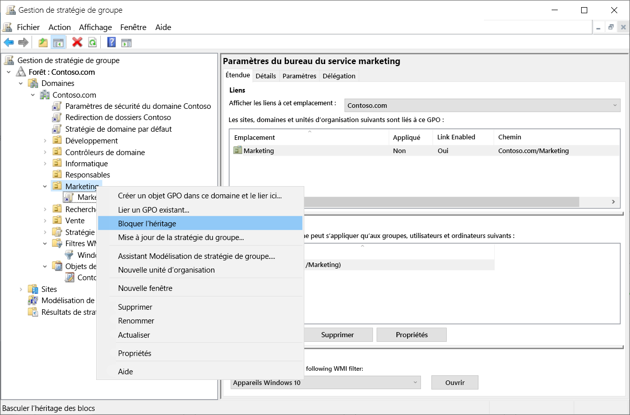 Capture d’écran du menu contextuel de l'unité d'organisation 'Marketing' dans la console de gestion des stratégies de groupe. L’administrateur a sélectionné Bloquer l’héritage.