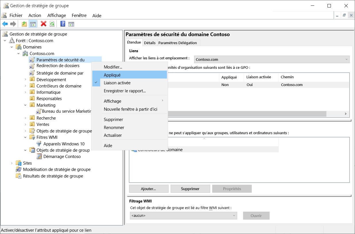 Capture d’écran du menu contextuel de l’objet de stratégie de groupe Paramètres de sécurité du domaine par défaut de Contoso dans la console de gestion des stratégies de groupe. L’administrateur a sélectionné Appliqué.