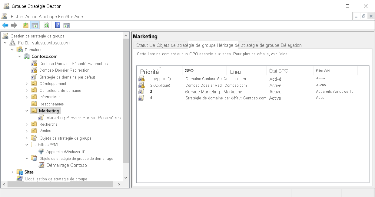 Capture d’écran de la console gestion des stratégies de groupe. L’administrateur a sélectionné l’onglet Héritage de stratégie de groupe pour l’unité d’organisation Marketing. Quatre stratégies sont affichées, dont deux sont appliquées à partir du domaine.