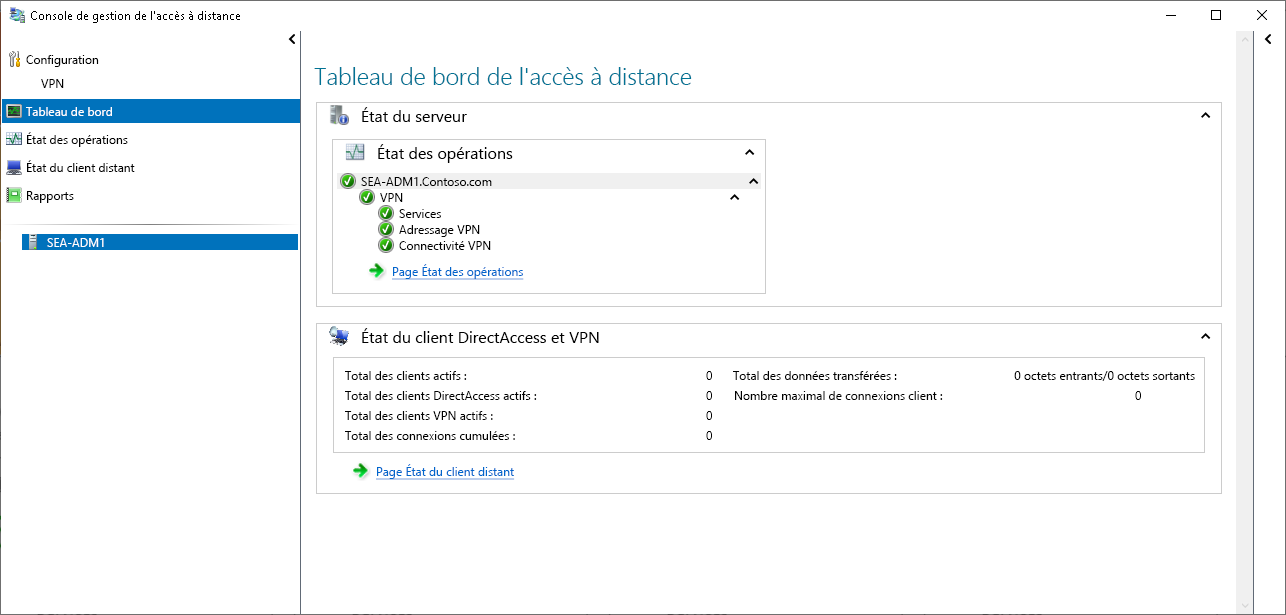 Capture d’écran de la console de gestion de l’accès à distance. Le tableau de bord est sélectionné.
