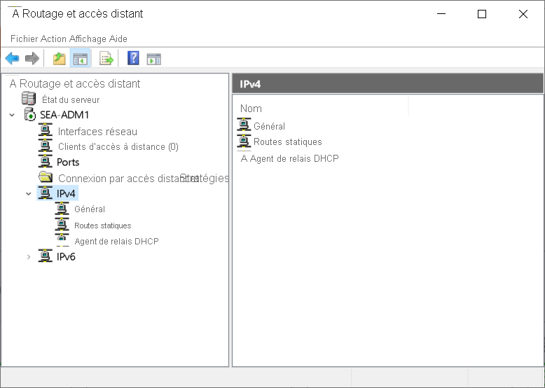 Capture d’écran de la console Routage et accès à distance. SEA-ADM1 est configuré en tant que serveur VPN.