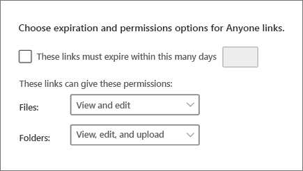 Screenshot showing the expiration and permissions options for Anyone links on the Sharing page.