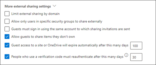 Screenshot showing the More external sharing settings on the Sharing page.