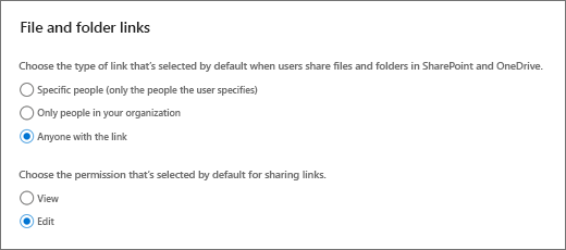 Screenshot showing the File and folder links settings on the Sharing page.