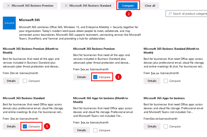 Screenshot of the Product Services page showing the Microsoft 365 Business Premium and Microsoft 365 Business Standard checkboxes selected.